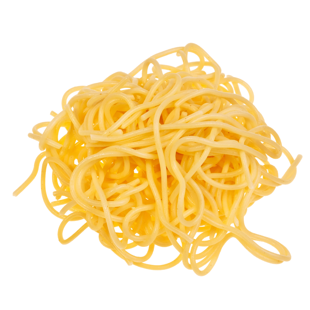 Ein Haufen gekochter Spaghetti ohne Sauce auf transparentem Hintergrund.